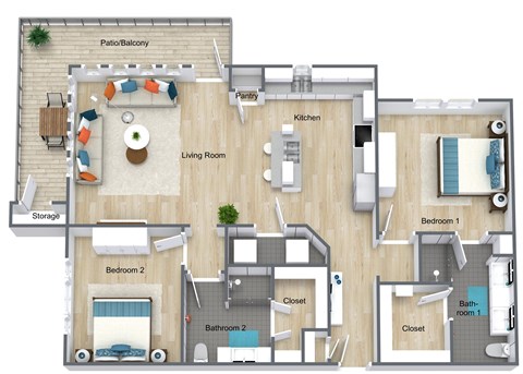 Floor plan for 2 beds, 2 baths, 1401 sqft